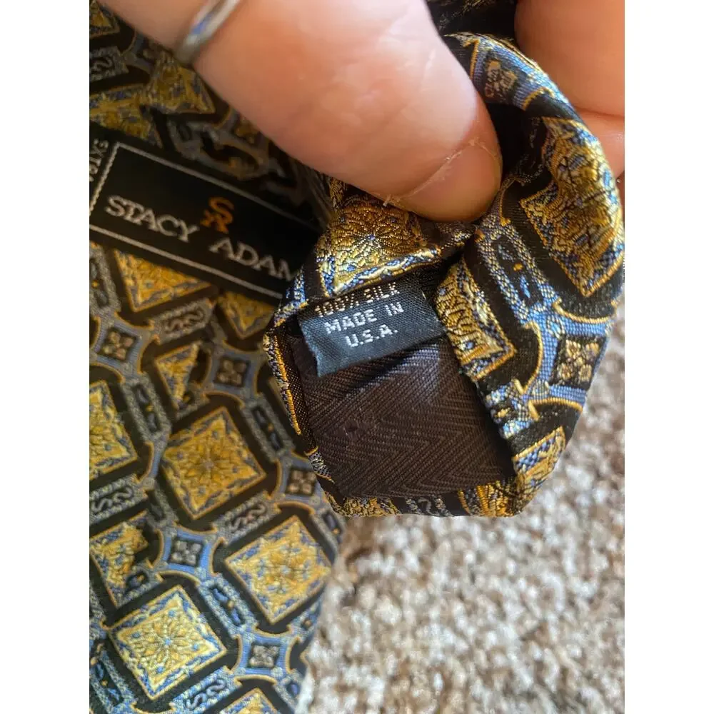 Stacy Adams 100% Silk Mens Neck Tie Geometric Pattern Teacher Gold Formal Bold